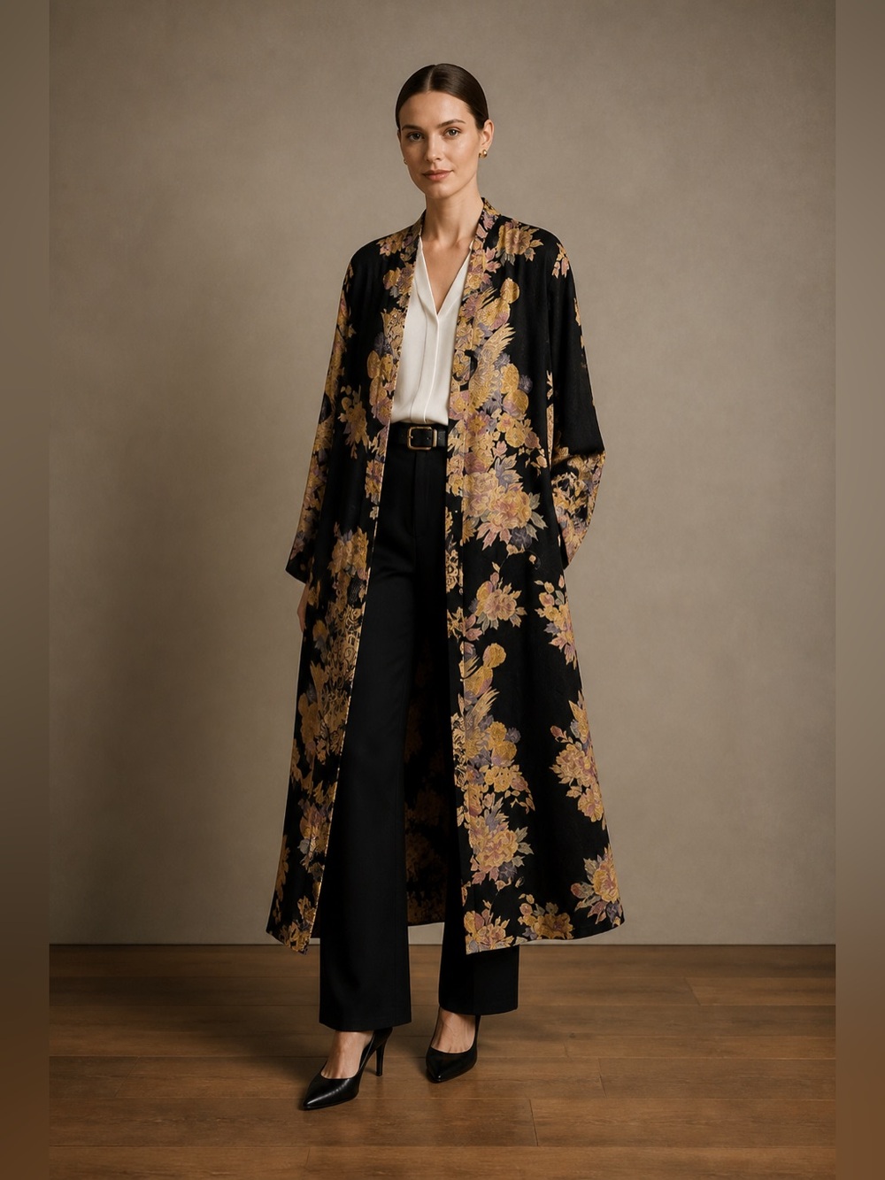 Citron Black Kimono with Pink/ Tan Floral Design 100% Silk with side slits.